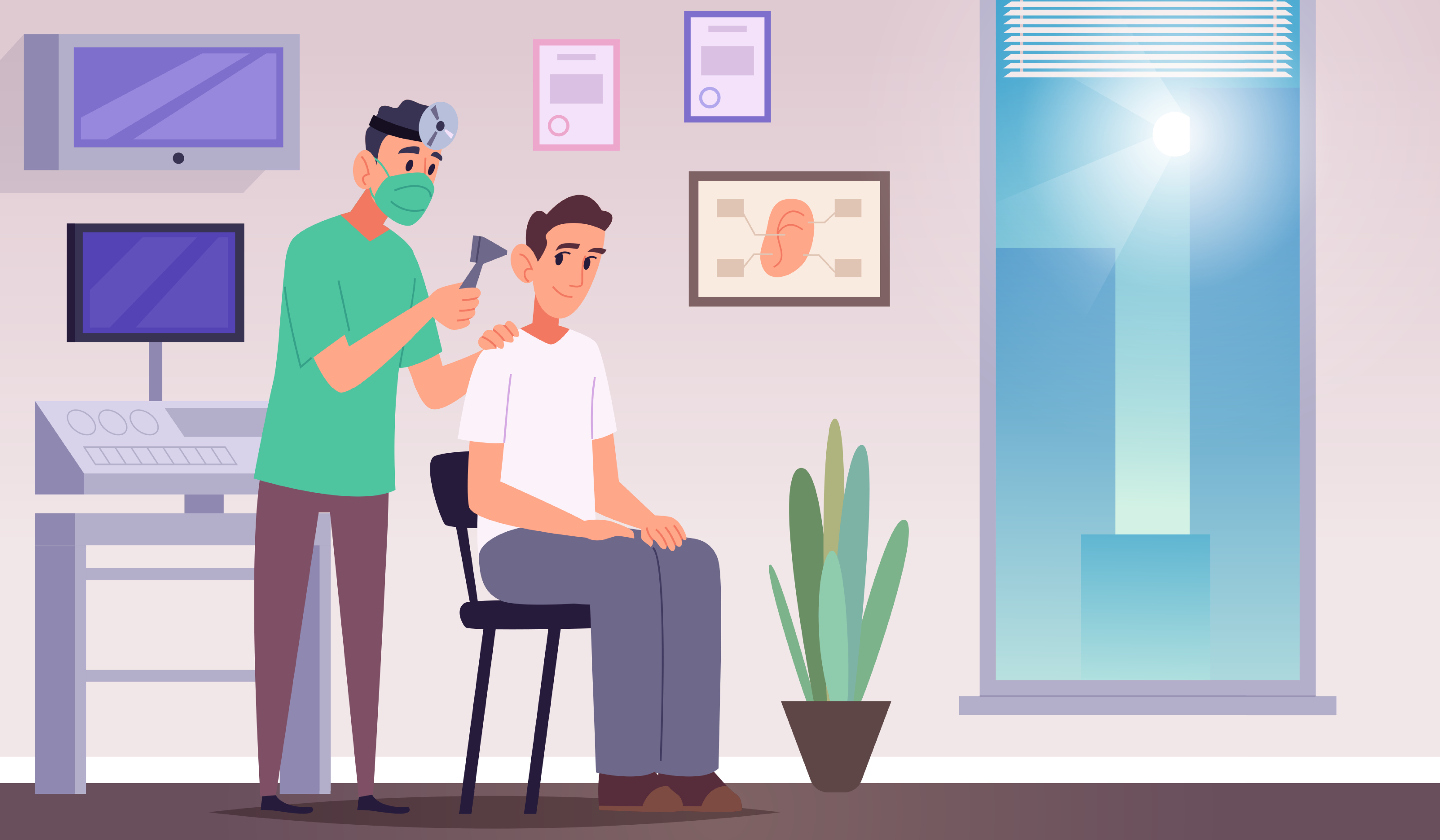Illustration of an ENT doctor examining a patient’s ear in a medical office