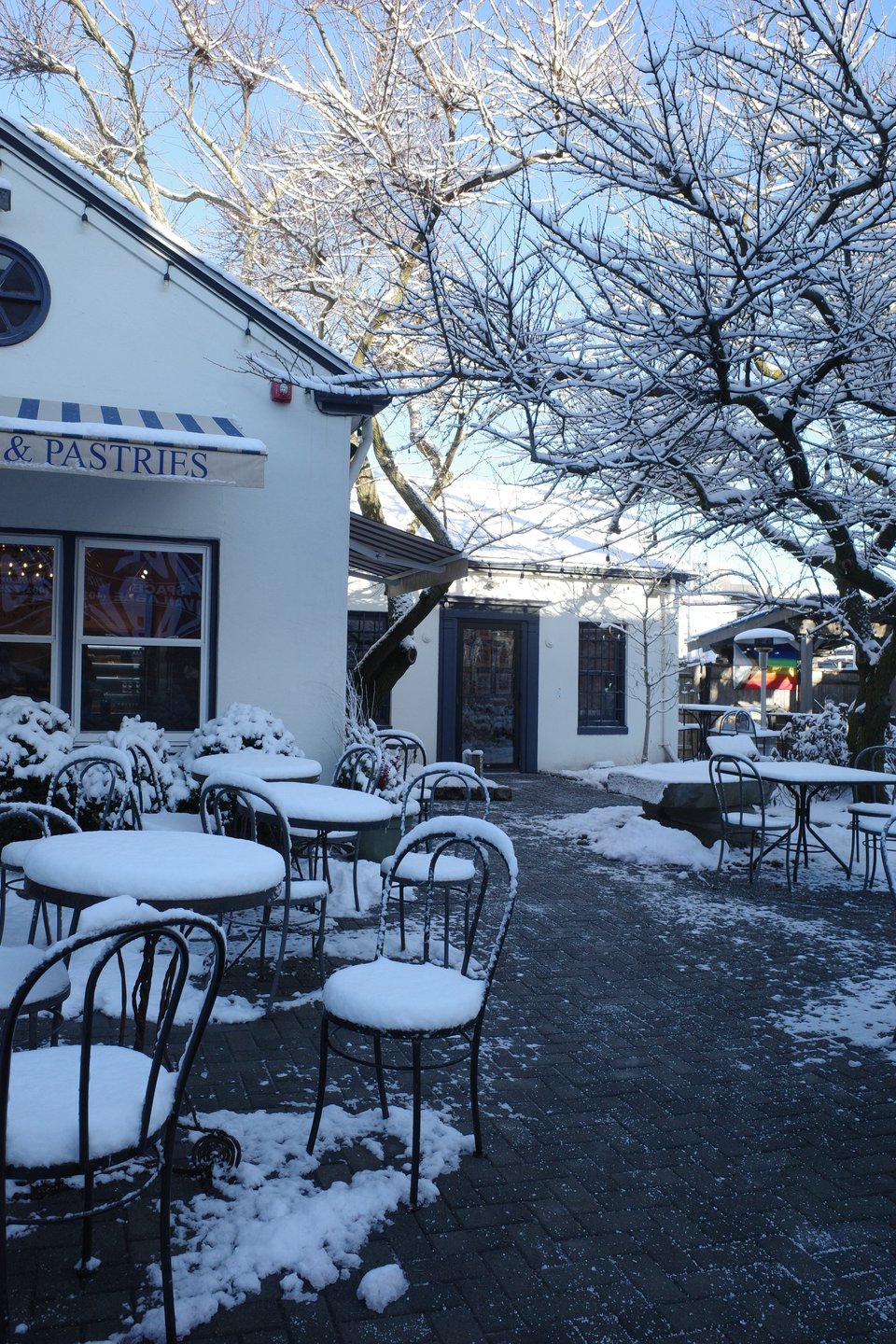 A snow-covered patio at Seven Stars on Point Street