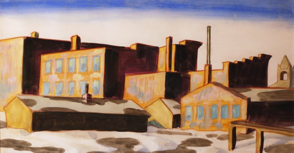 A moody industrial scene with smokestacks and factory buildings, painted in expressive, almost surreal brushstrokes.