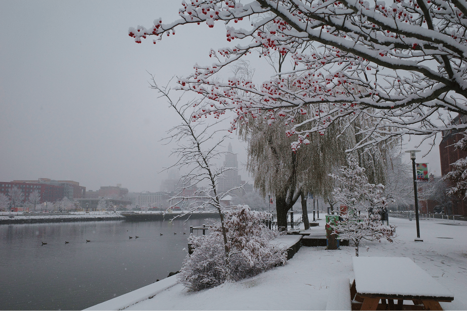A quiet riverwalk with snow-covered trees, benches, and water under an overcast sky