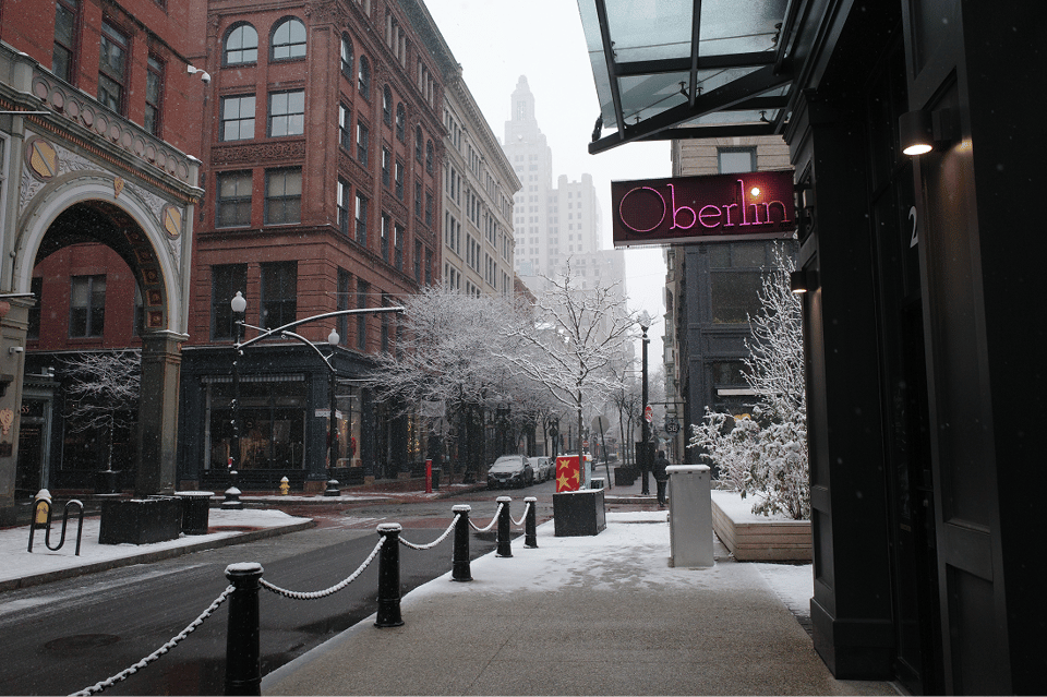 Quiet snowy Westminster Street downtown Providence