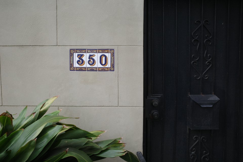 Close view of a tiled house number “350” beside a dark front door and plants.
