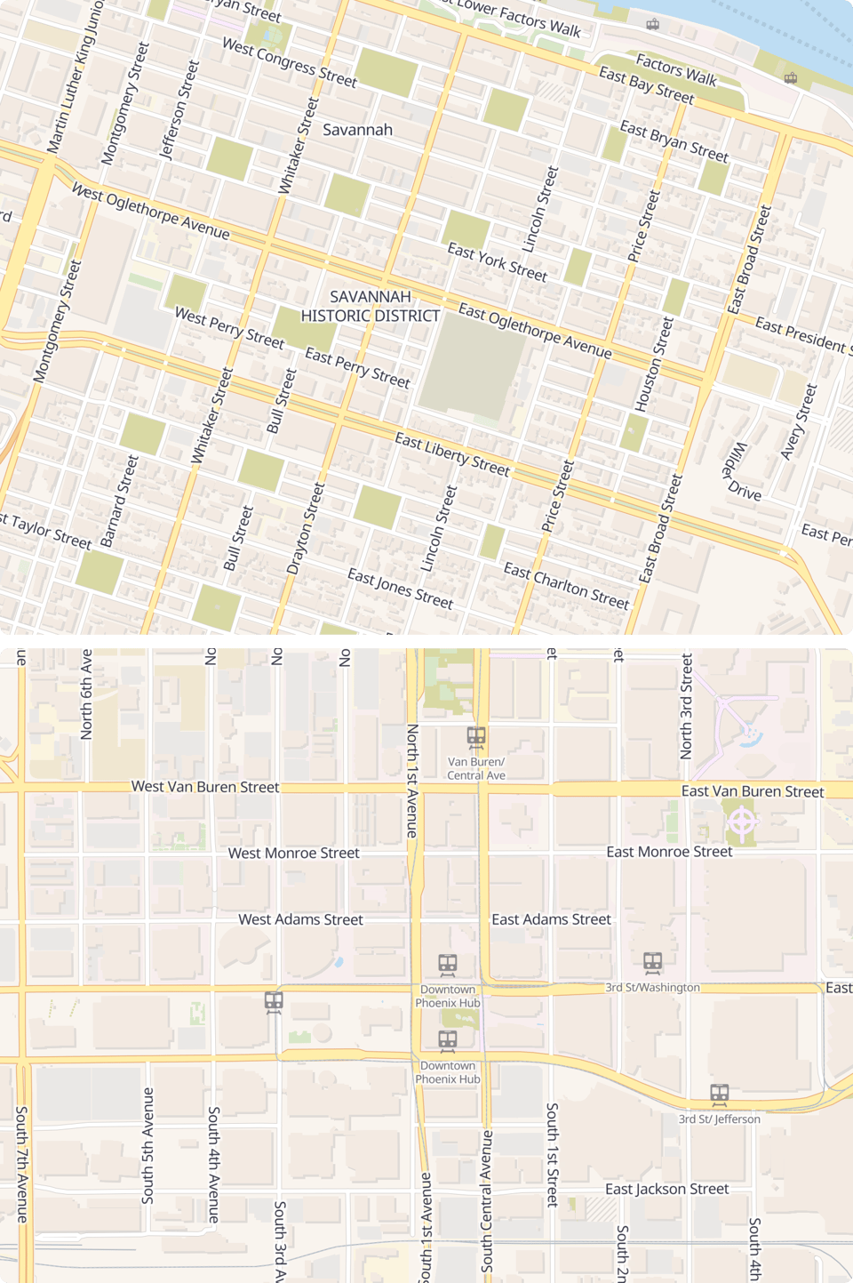 Maps of Savannah and Phoenix at the same scale, showing contrasting block sizes.