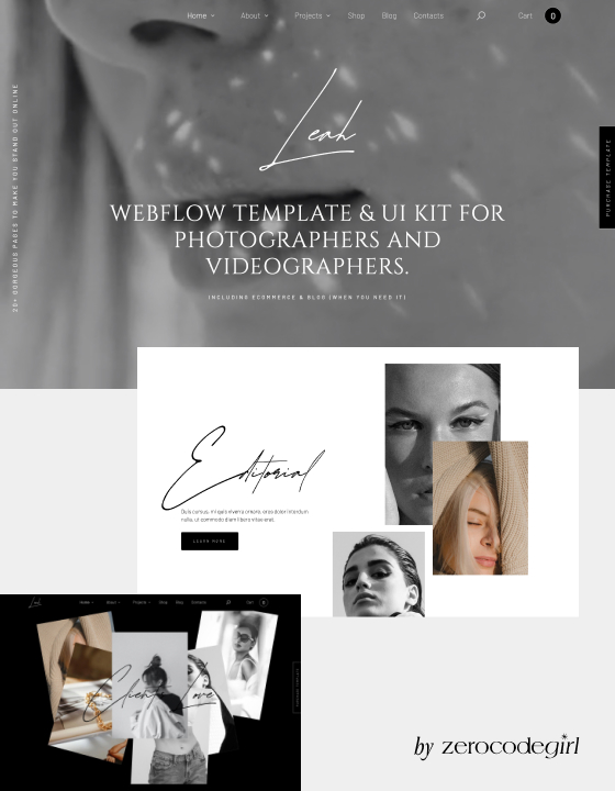 Website homepage showing a close-up black and white photo of a woman's face with text promoting a Webflow template and UI kit for photographers and videographers, alongside editorial black and white portrait photos of women.