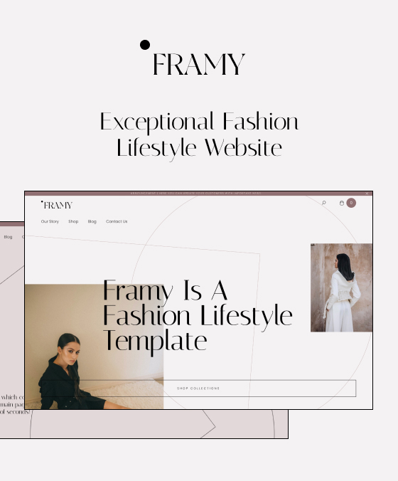 Website homepage for Framy, displaying 'Framy Is A Fashion Lifestyle Template' with images of two women modeling stylish outfits against neutral backgrounds.