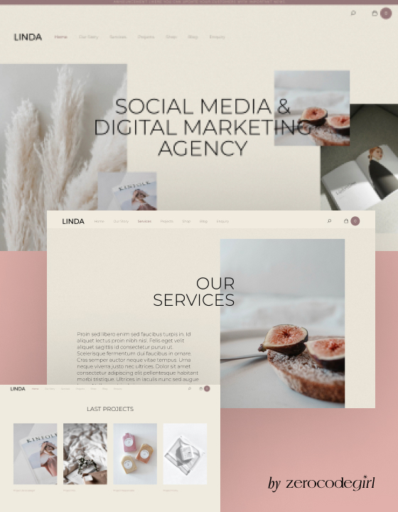 Website homepage for LINDA social media and digital marketing agency with sections for services and last projects displayed on a beige and pink background.