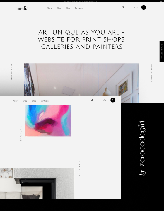 Website homepage for Amelia showcasing art-focused services with abstract colorful paintings and modern interior photos.