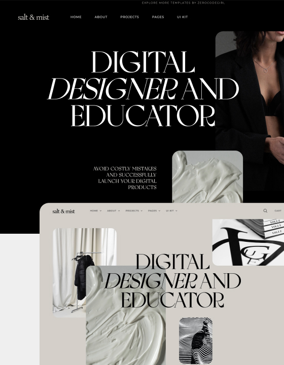 Website homepage with bold text 'Digital Designer and Educator' on black and beige backgrounds, featuring images of a woman in black attire, abstract cream texture, clothing rack, and artistic black-and-white graphics.