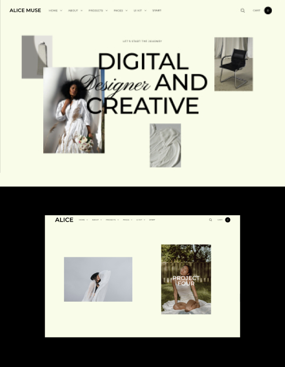 Webpage layout with the text 'Digital Designer and Creative' surrounded by images of a woman in a white dress, a black chair, and abstract white textures, along with another section showing two photos of a woman posing with one labeled 'Project Four'.