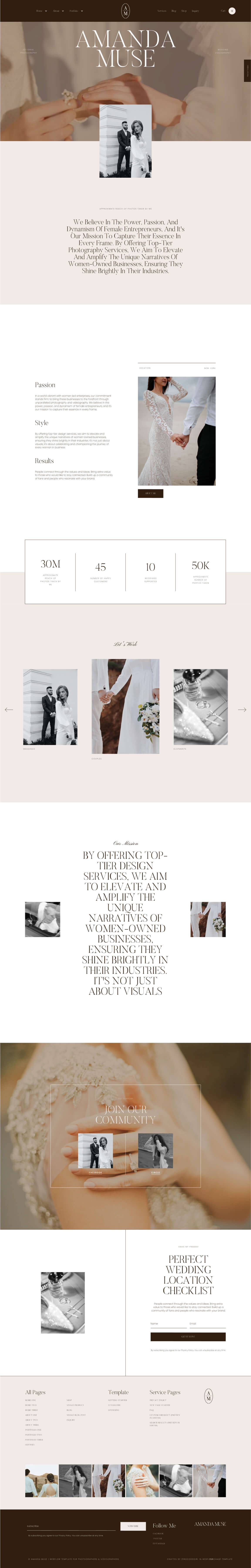 Website homepage featuring wedding photography with elegant bridal images, a couple holding hands, and a call to join a wedding community.