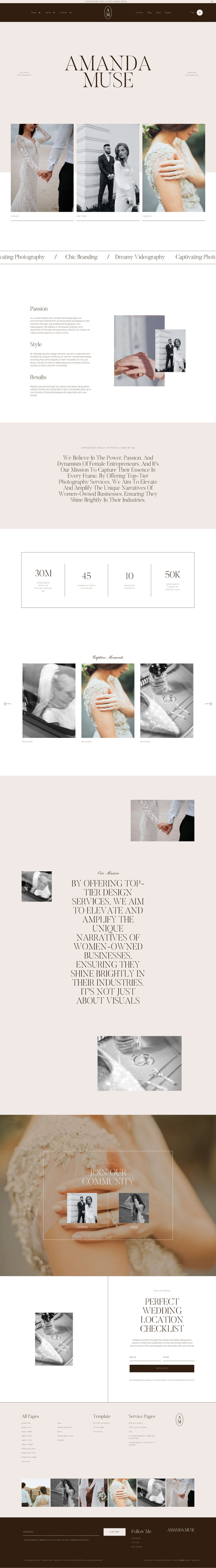 Wedding photography website design featuring bride and groom, intimate couple portraits, and wedding details in an elegant, neutral-toned layout.