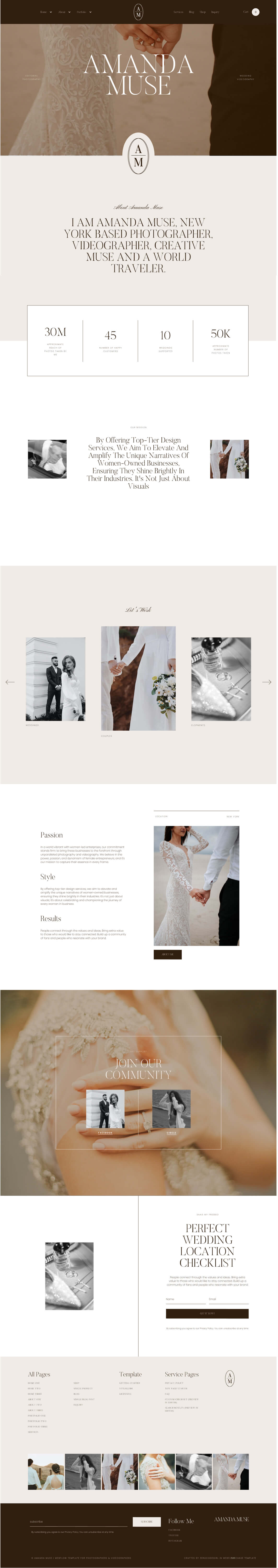Website homepage for Amanda Muse, New York-based photographer and videographer, featuring wedding photography and community section.