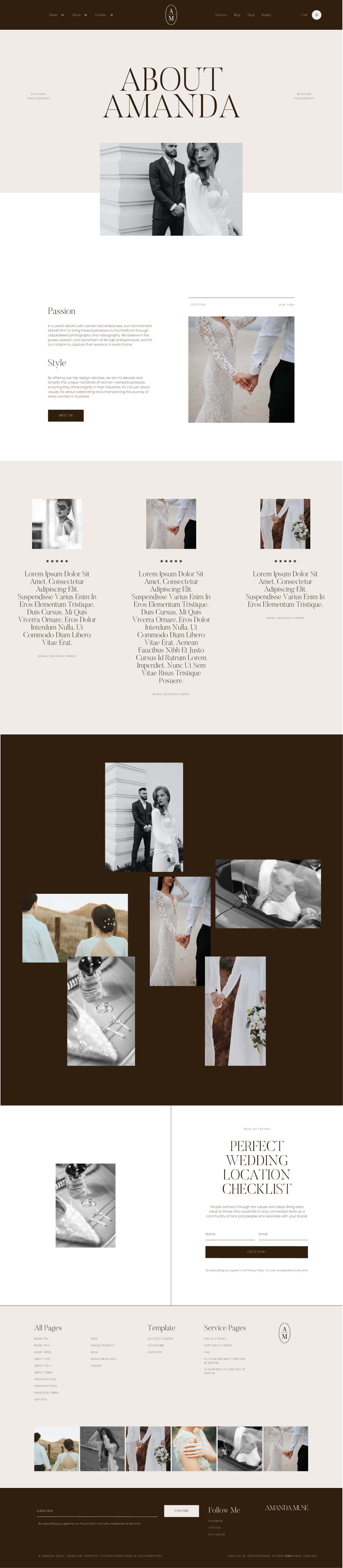 Wedding-themed webpage featuring wedding photography with couples, bridal details, and a checklist for perfect wedding locations.