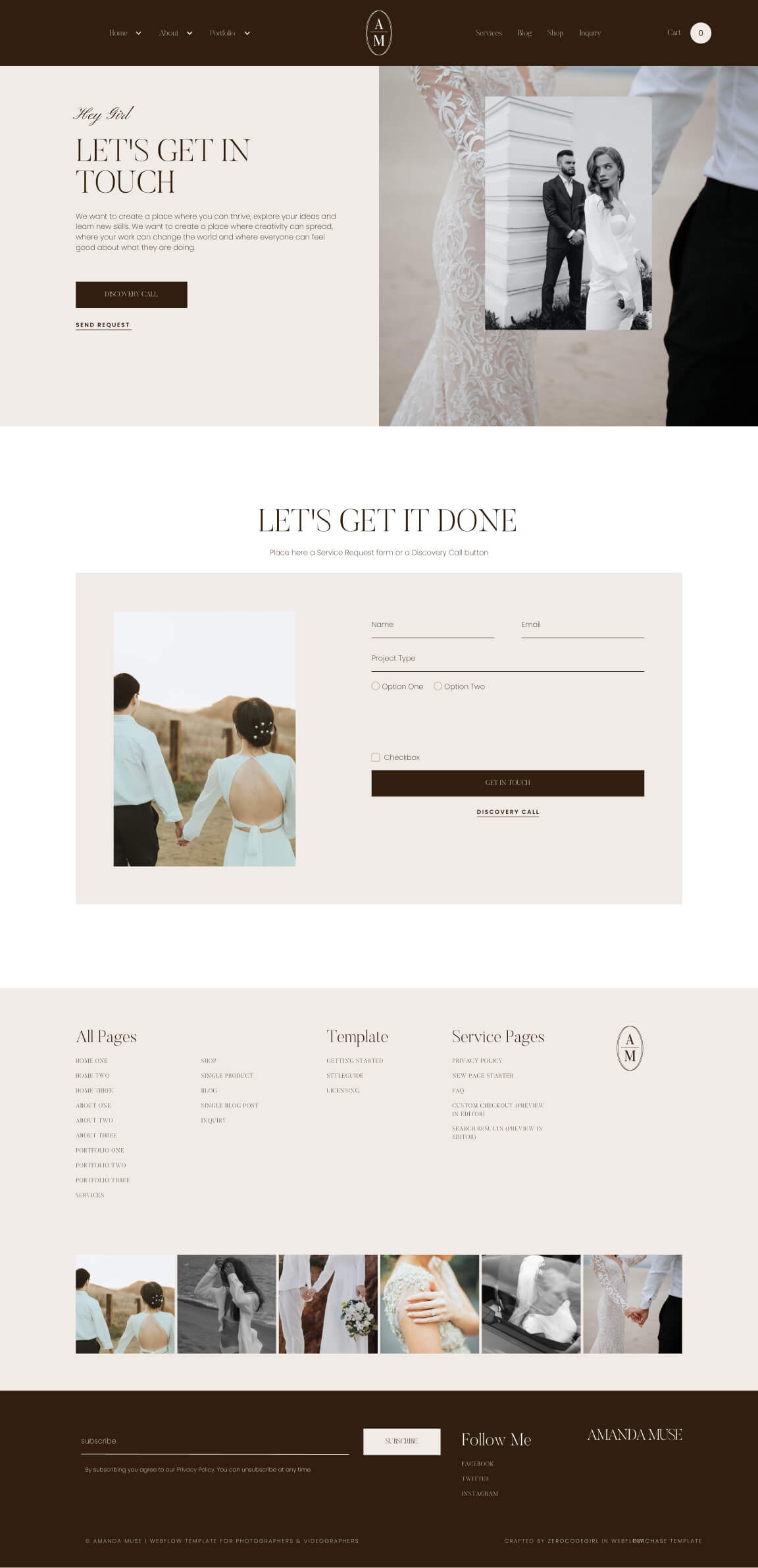 Wedding-themed website contact page with sections for inquiry, a photo of a couple holding hands, and a service request form with name, email, and project type fields.