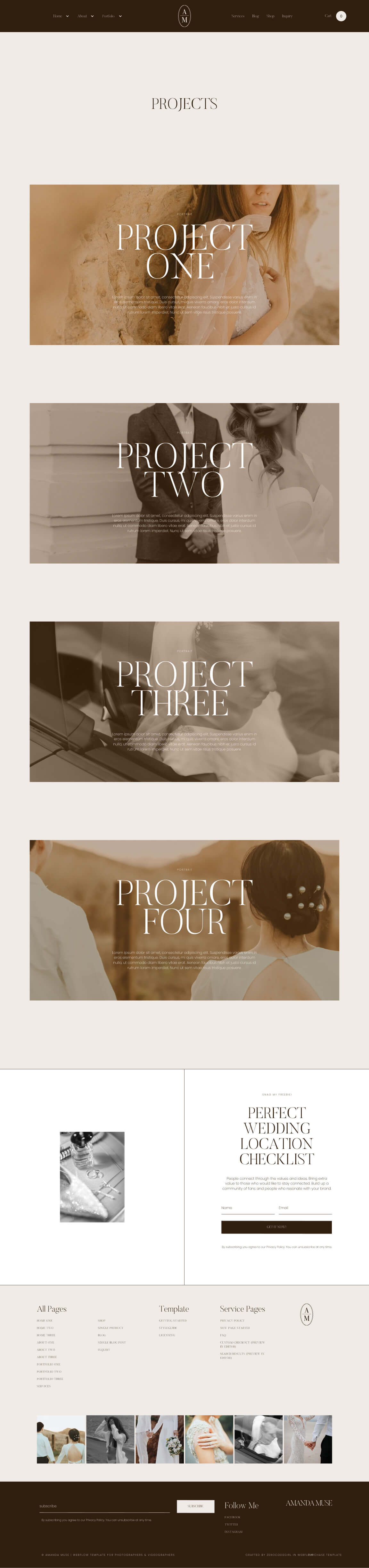 Website projects page with sepia-toned photos and titles Project One, Project Two, Project Three, and Project Four, featuring wedding-themed images of couples and bridal portraits.