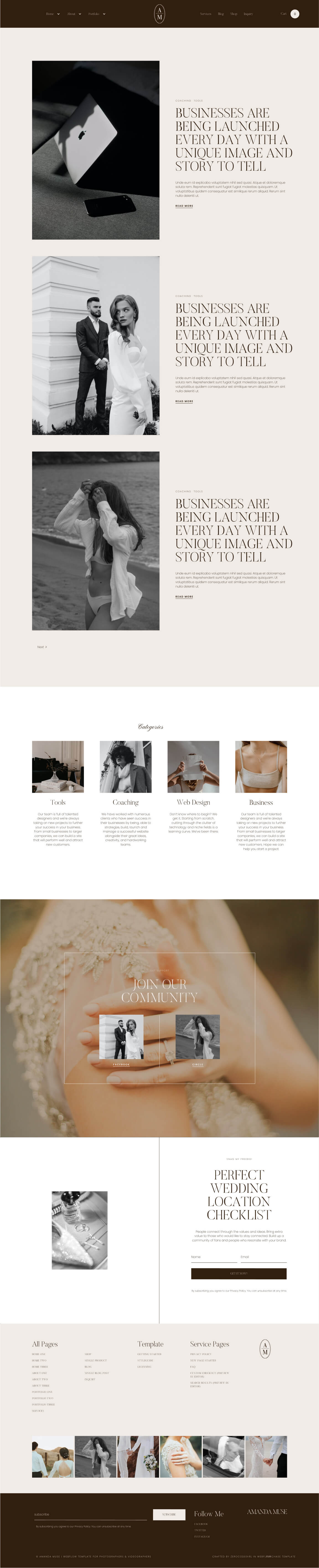 Blog webpage layout showing three black and white photos with matching headlines about businesses launching with unique images, a categories section, community join invitation with wedding photos, a wedding checklist signup form, and a footer with navigation links and social media preview images.