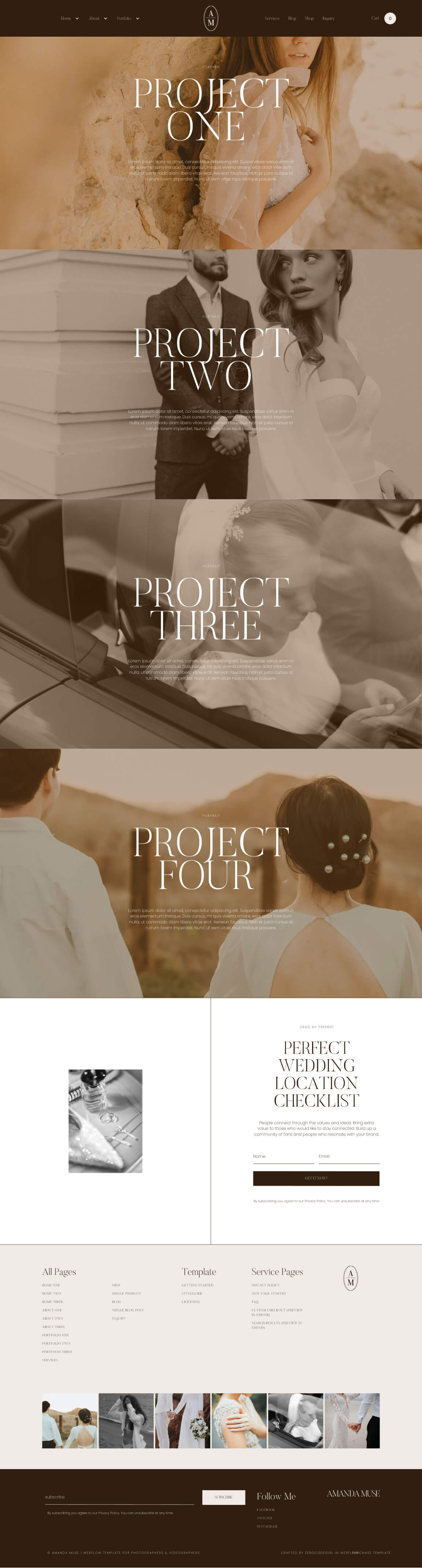 Wedding-themed website section showing four project previews with photos of couples and brides, and a wedding location checklist signup form.