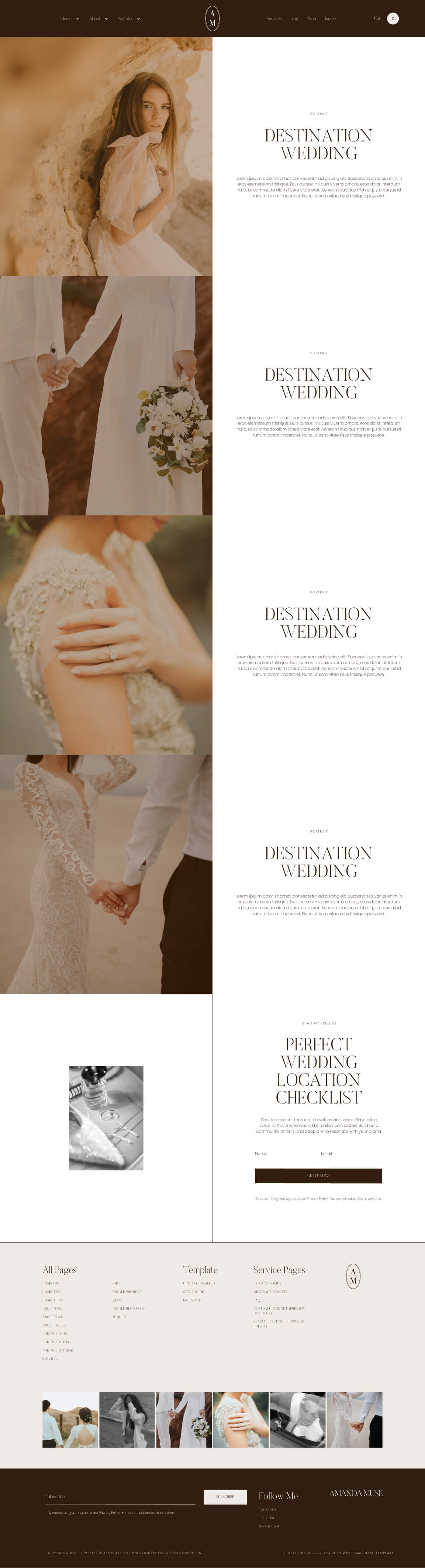 Website layout featuring romantic destination wedding photos of couples and brides in elegant dresses alongside text sections and a wedding location checklist form.