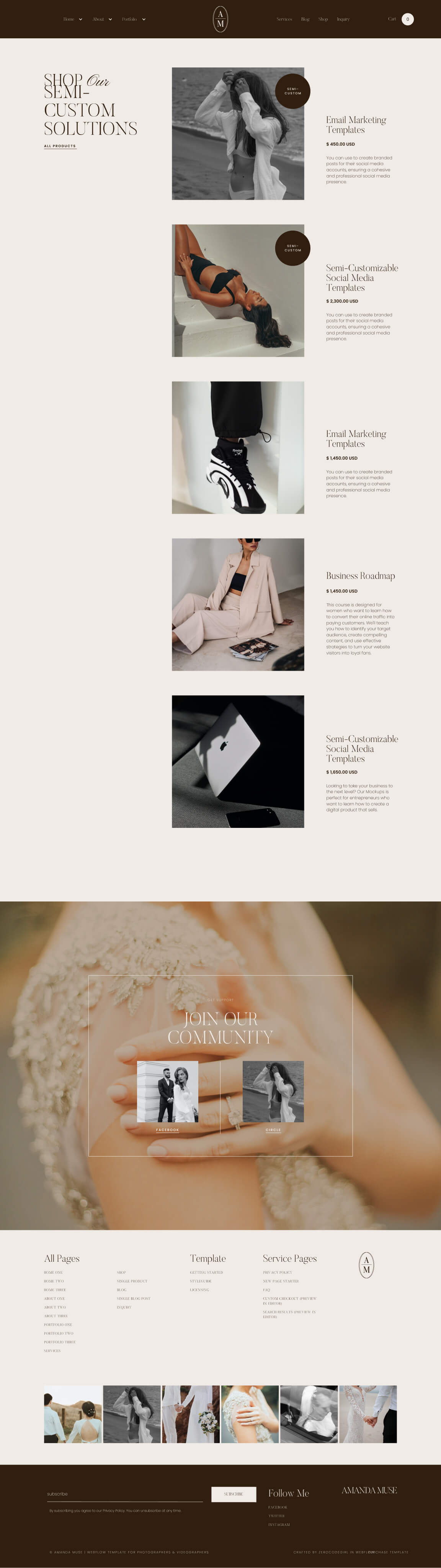 Website shop page displaying semi-customizable marketing templates and business roadmap offerings with images of people, shoes, and a laptop.