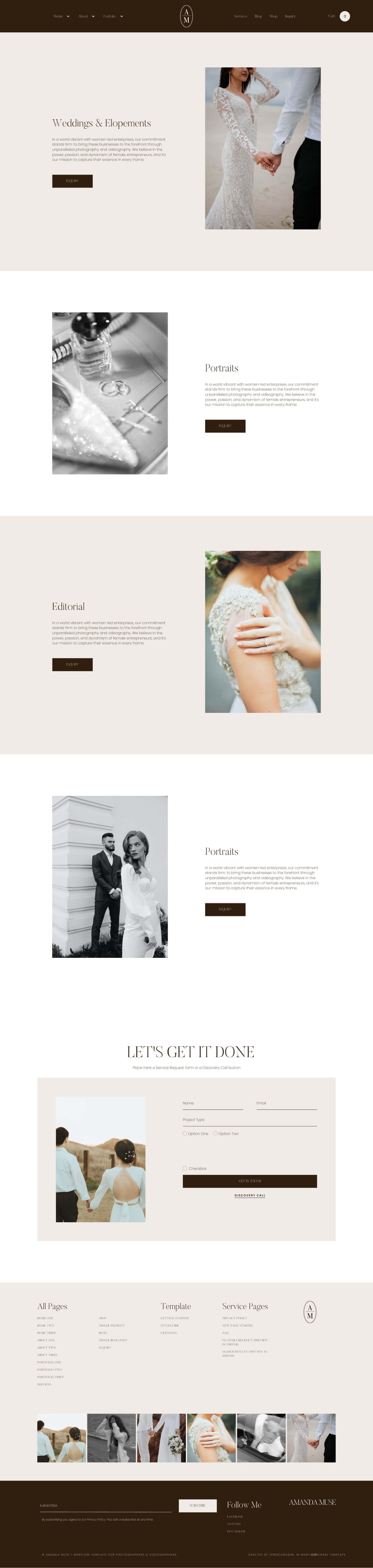 Wedding and portrait photography webpage featuring couples holding hands, wedding rings on a tray, and a bride showing her ring.