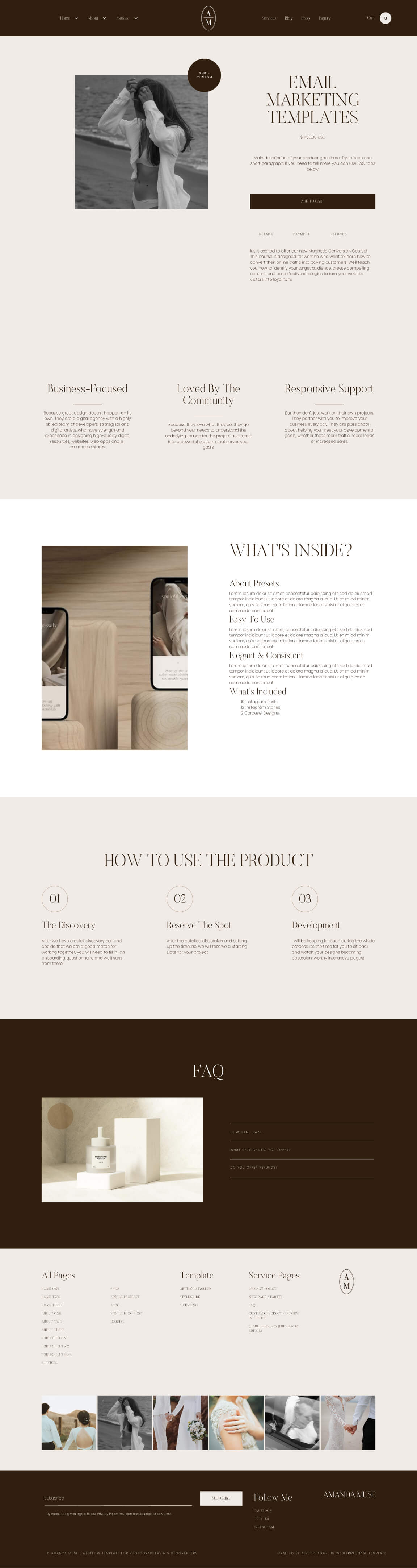 Website product page for email marketing templates featuring a woman on a beach, product details, usage instructions, FAQ, and footer with navigation links and small image thumbnails.