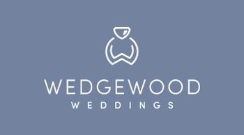 Wedgewood Weddings logo with a ring icon above the text on a blue-gray background.