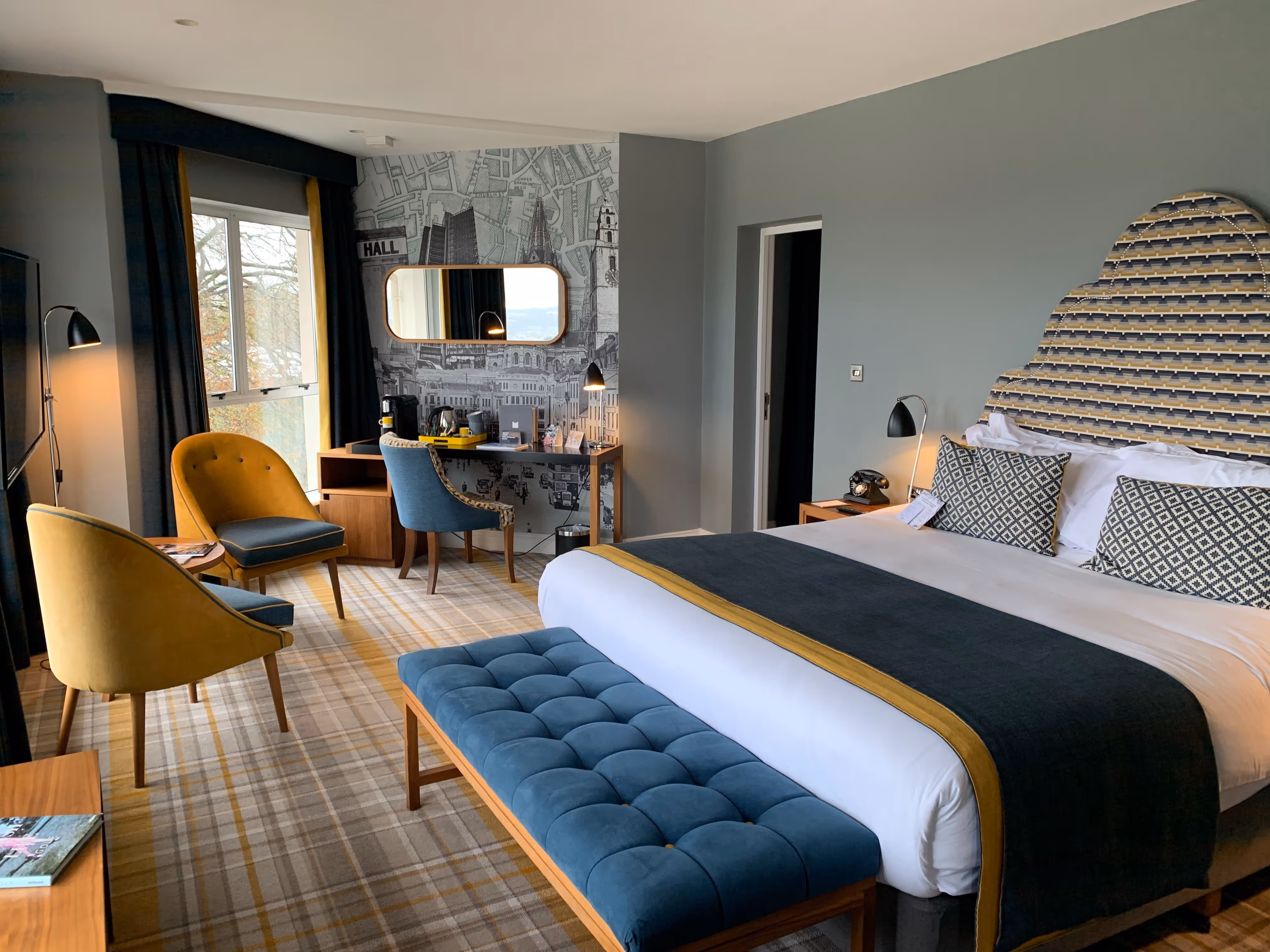 Hotel room with a bed
