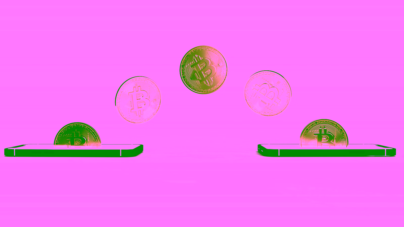 Gold bitcoin coins transferring through mobile phones