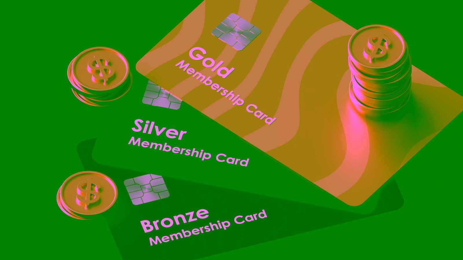 Gold, Silver, and Bronze membership cards with coins