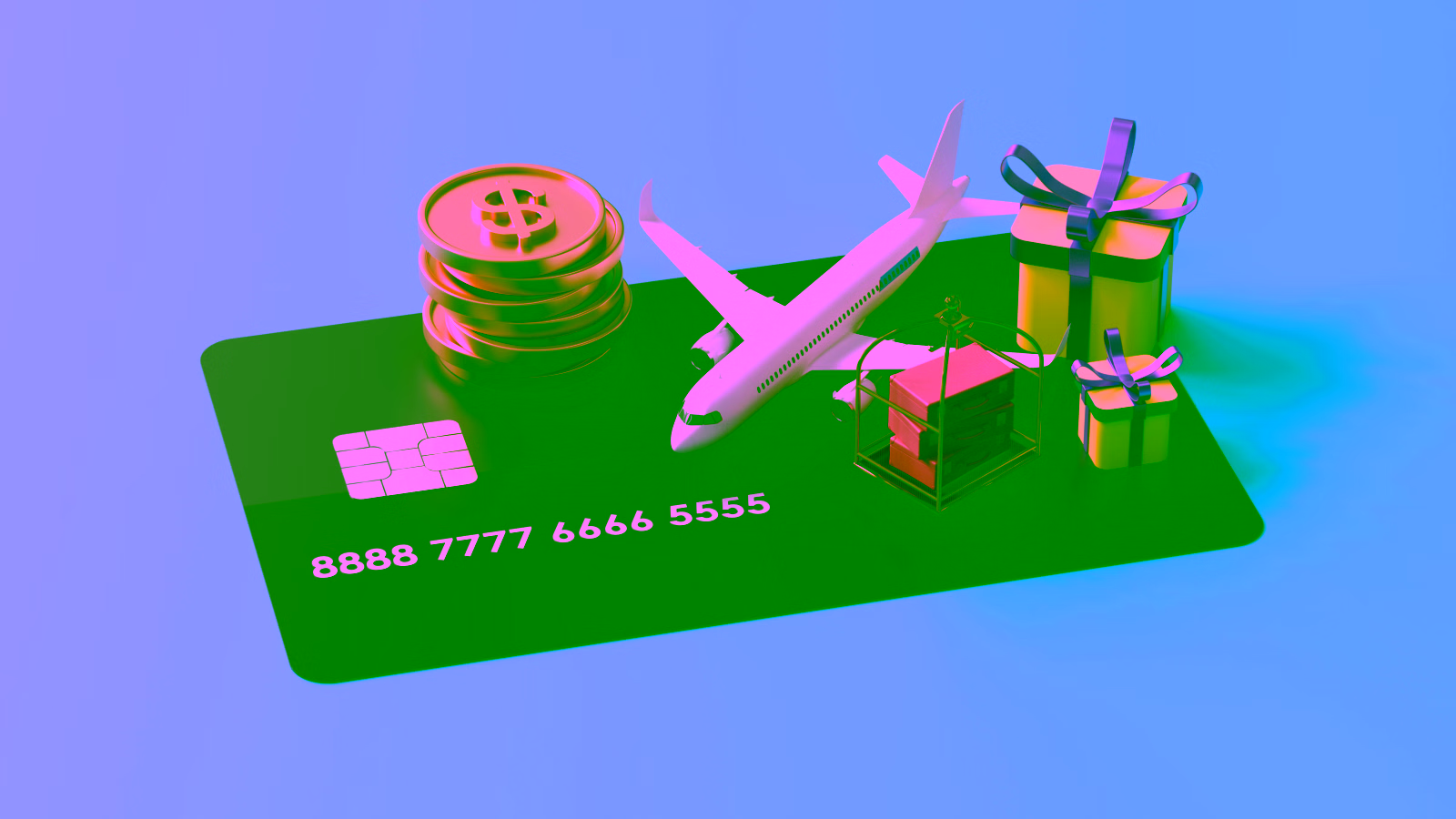 3D credit card with airplane, coins, luggage, and gifts