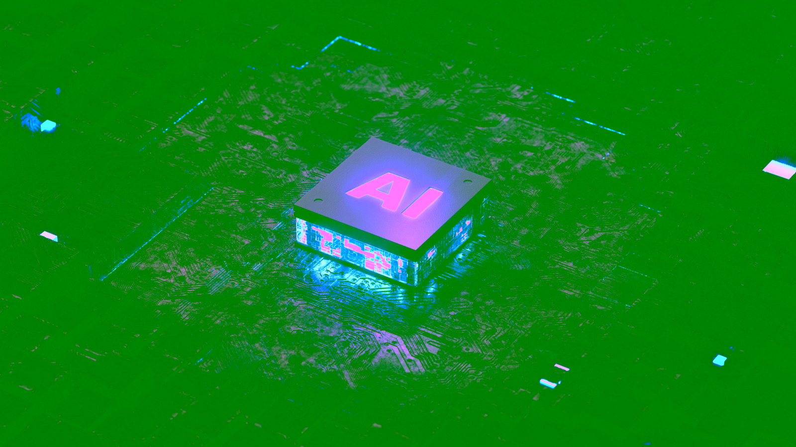 Glowing AI chip on circuit board