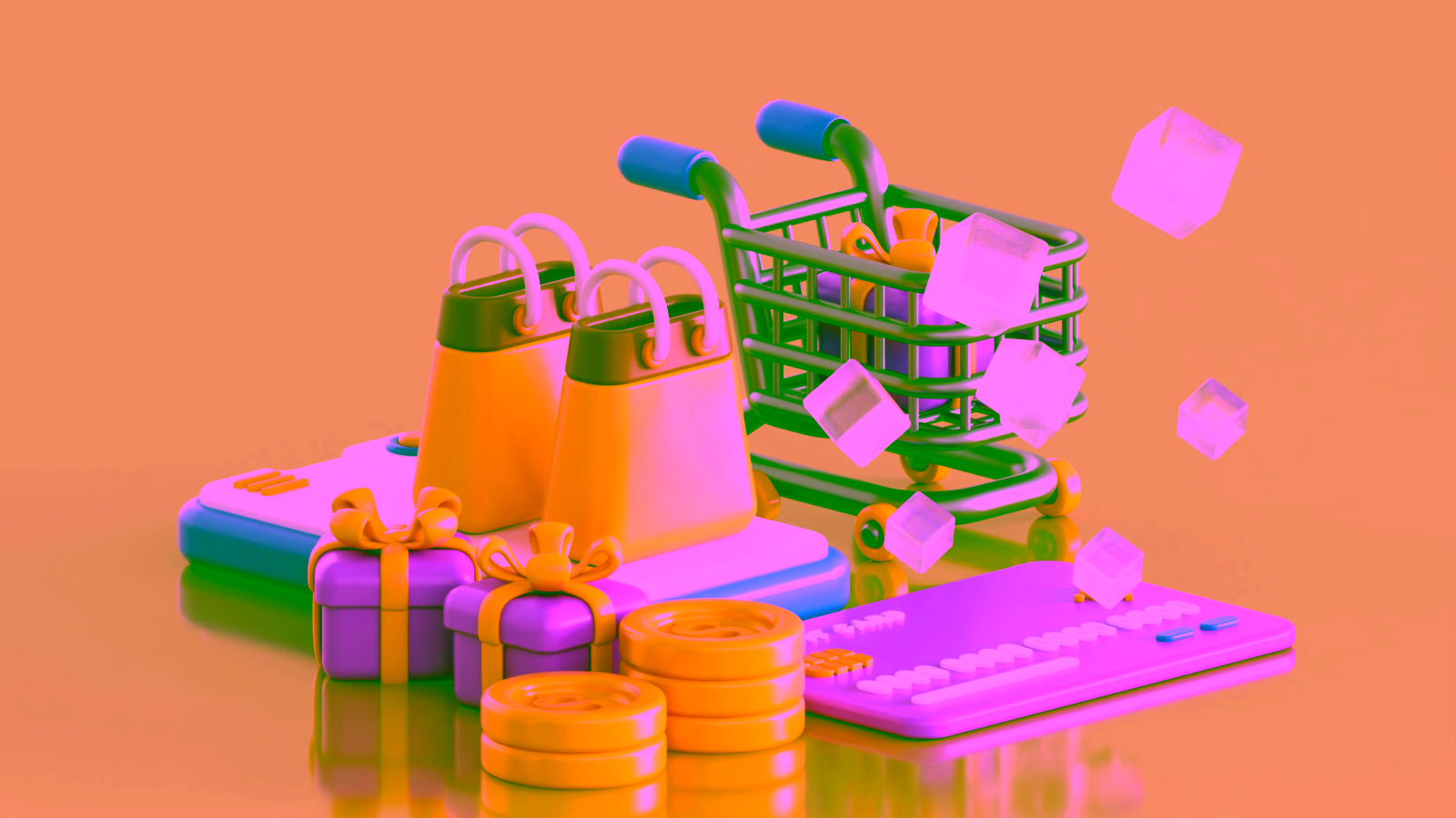 3D shopping cart with bags, gifts, coins, and credit card