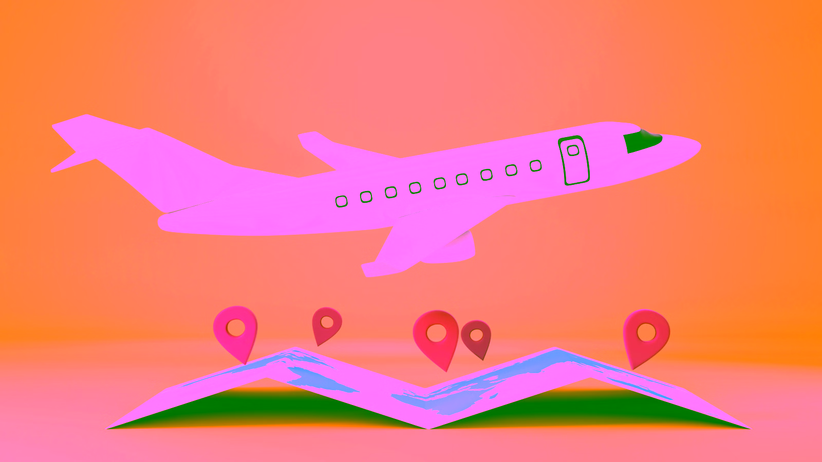 Airplane flying over map with location pins.