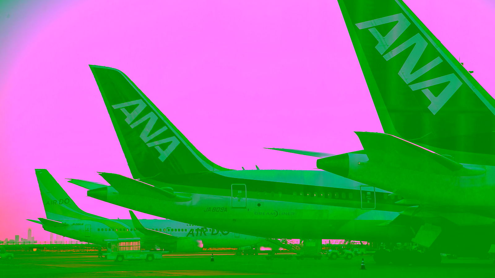 ANA airplanes parked on the airport tarmac at sunset