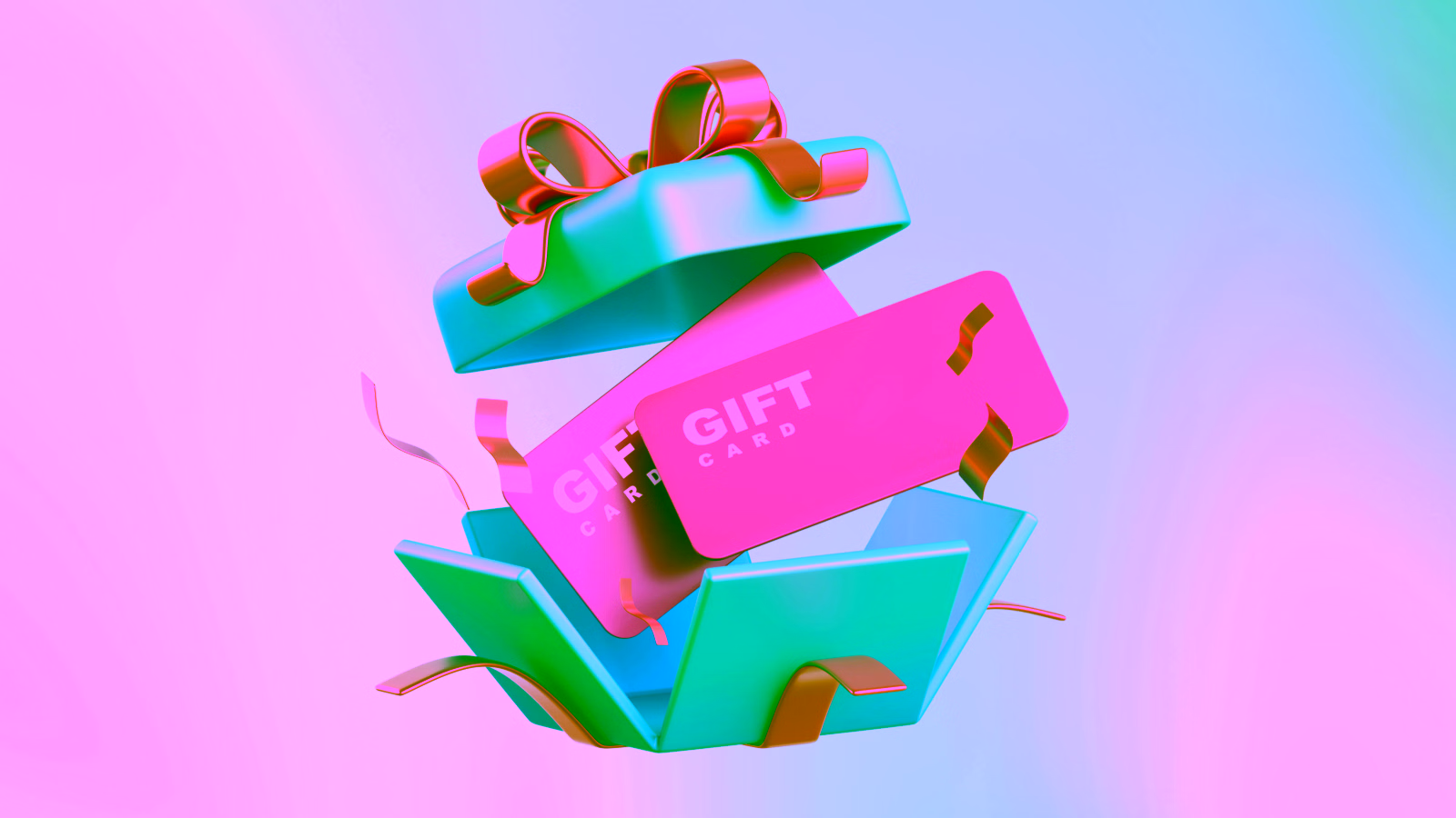 Gift cards popping out of a blue gift box