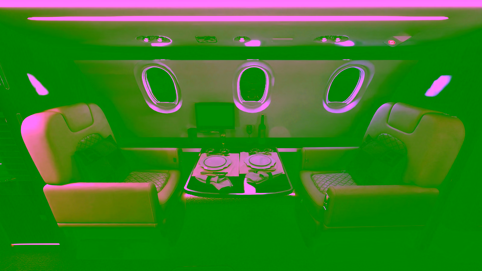 Private jet first class interior with dining table