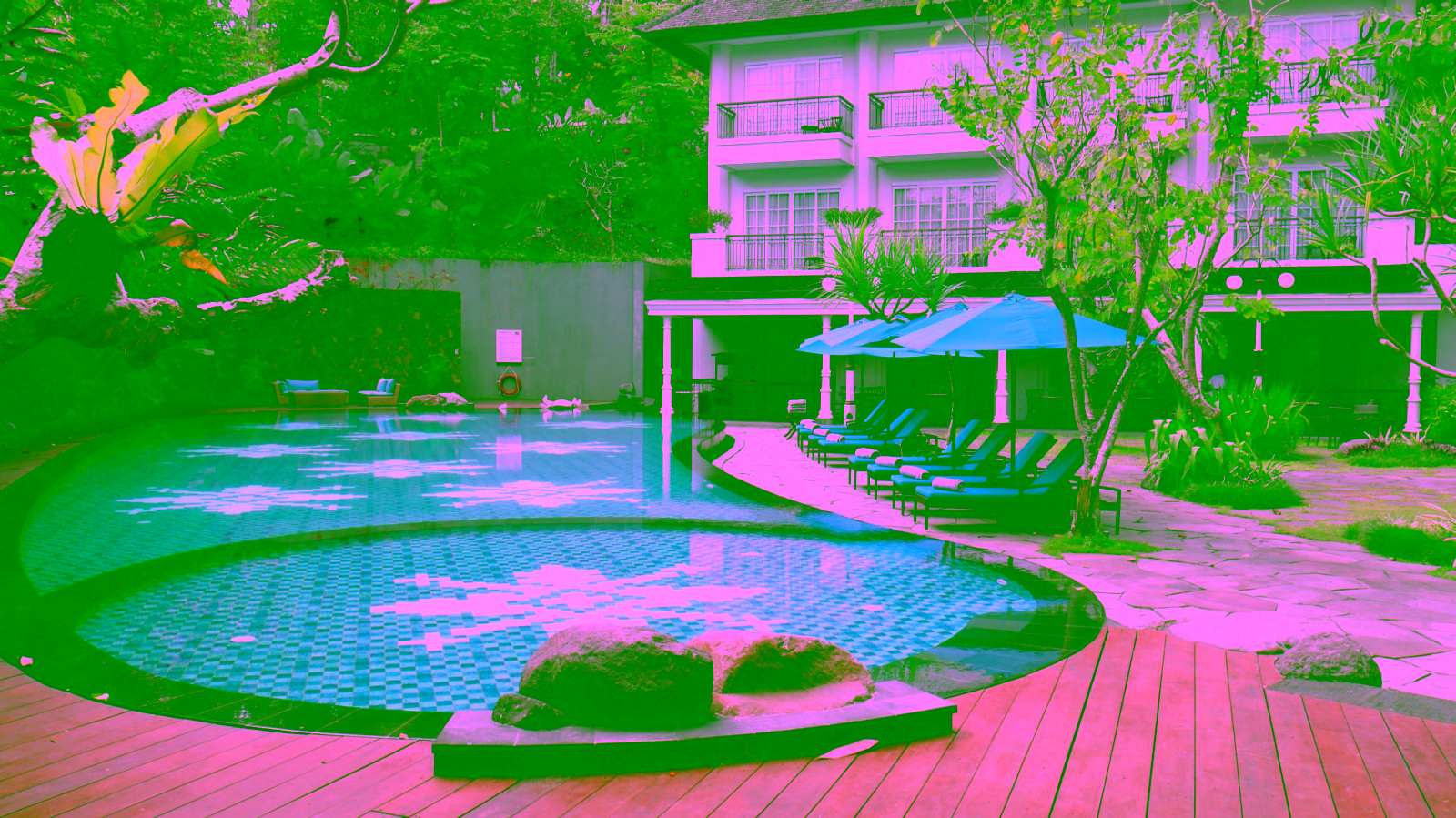 Hotel pool with blue loungers and deck