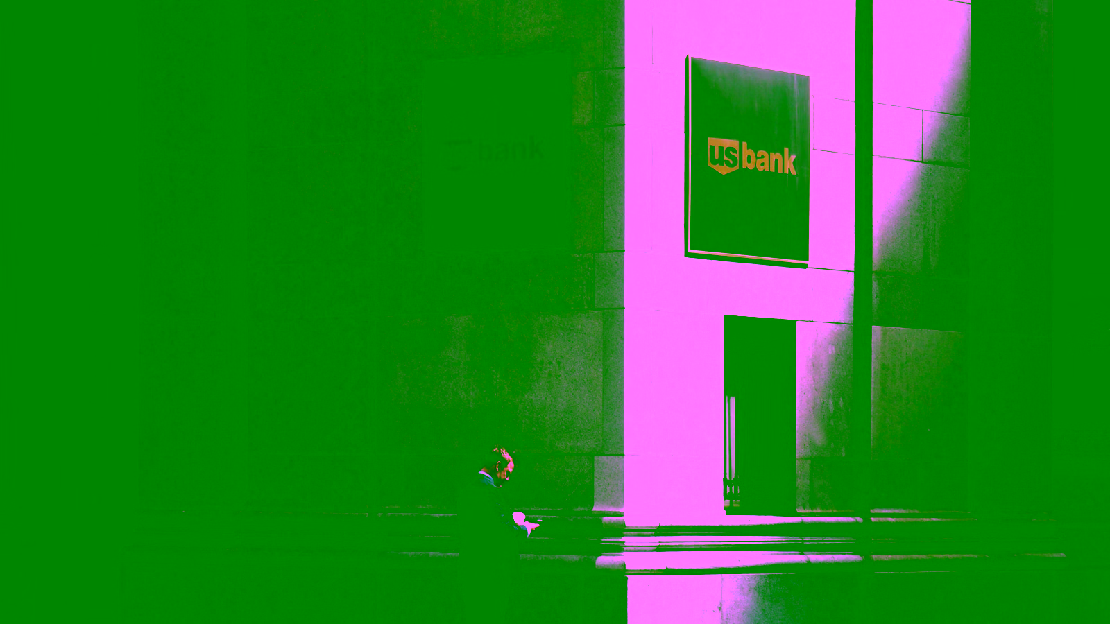 US Bank building with businessman