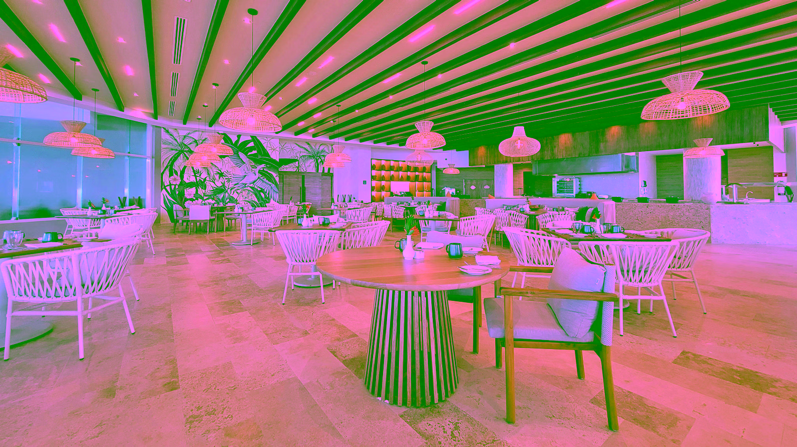 Luxury hotel breakfast lounge with woven pendant lights