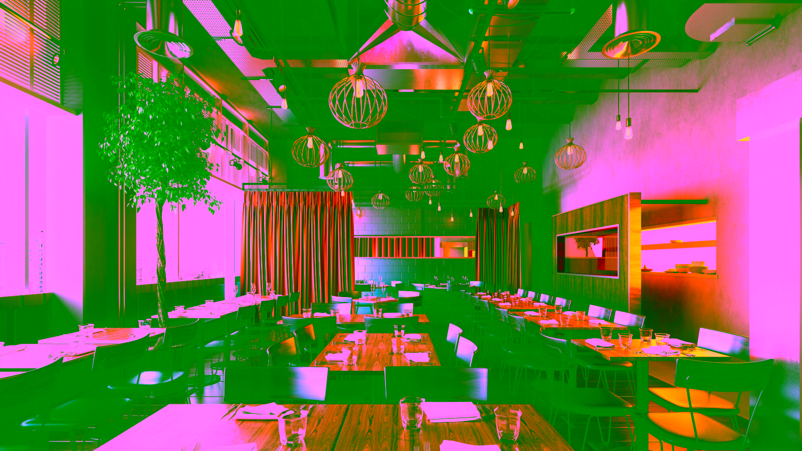 Modern upscale restaurant interior with pendant lighting