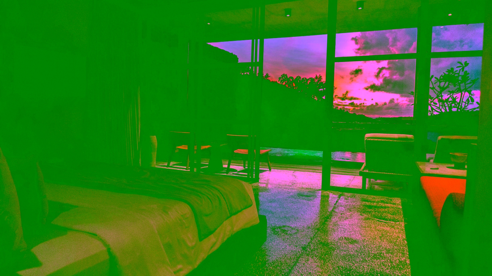 Luxury hotel room with infinity pool and sunset view