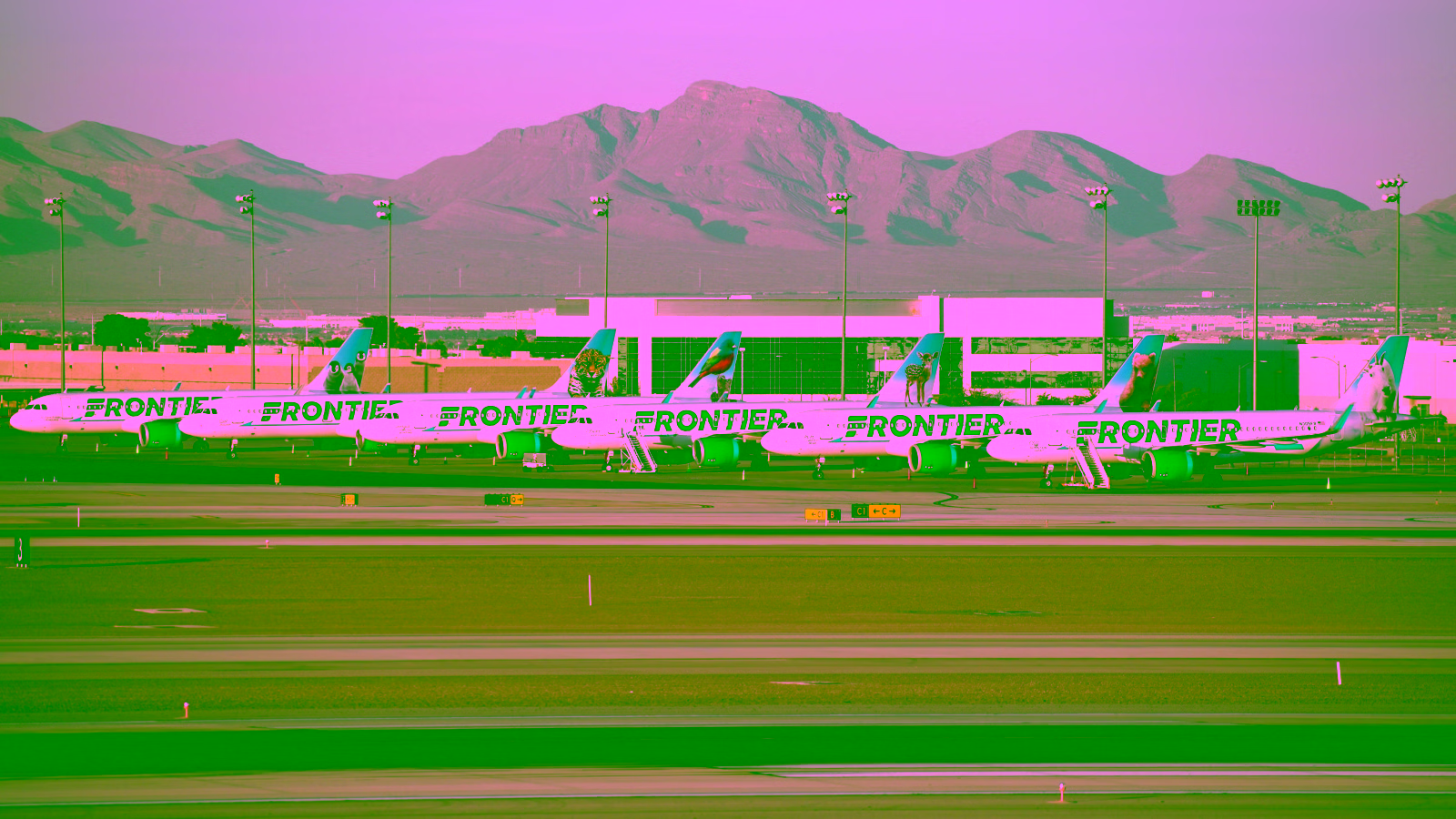 Frontier Airlines planes parked at airport terminal