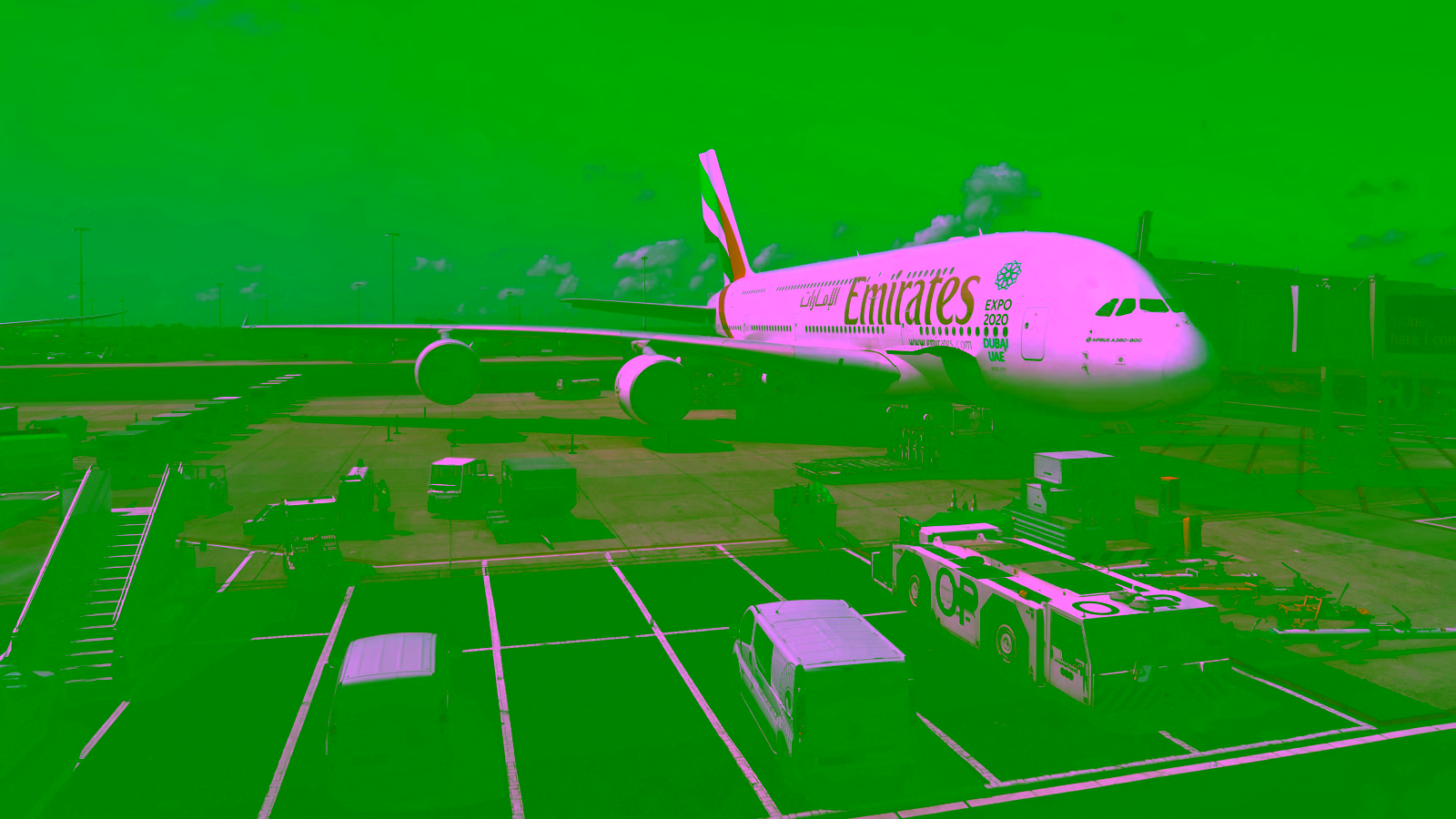 Emirates A380 aircraft at airport gate