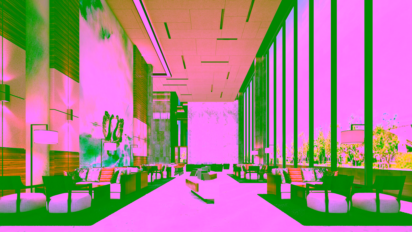 Modern hotel lobby with marble floors