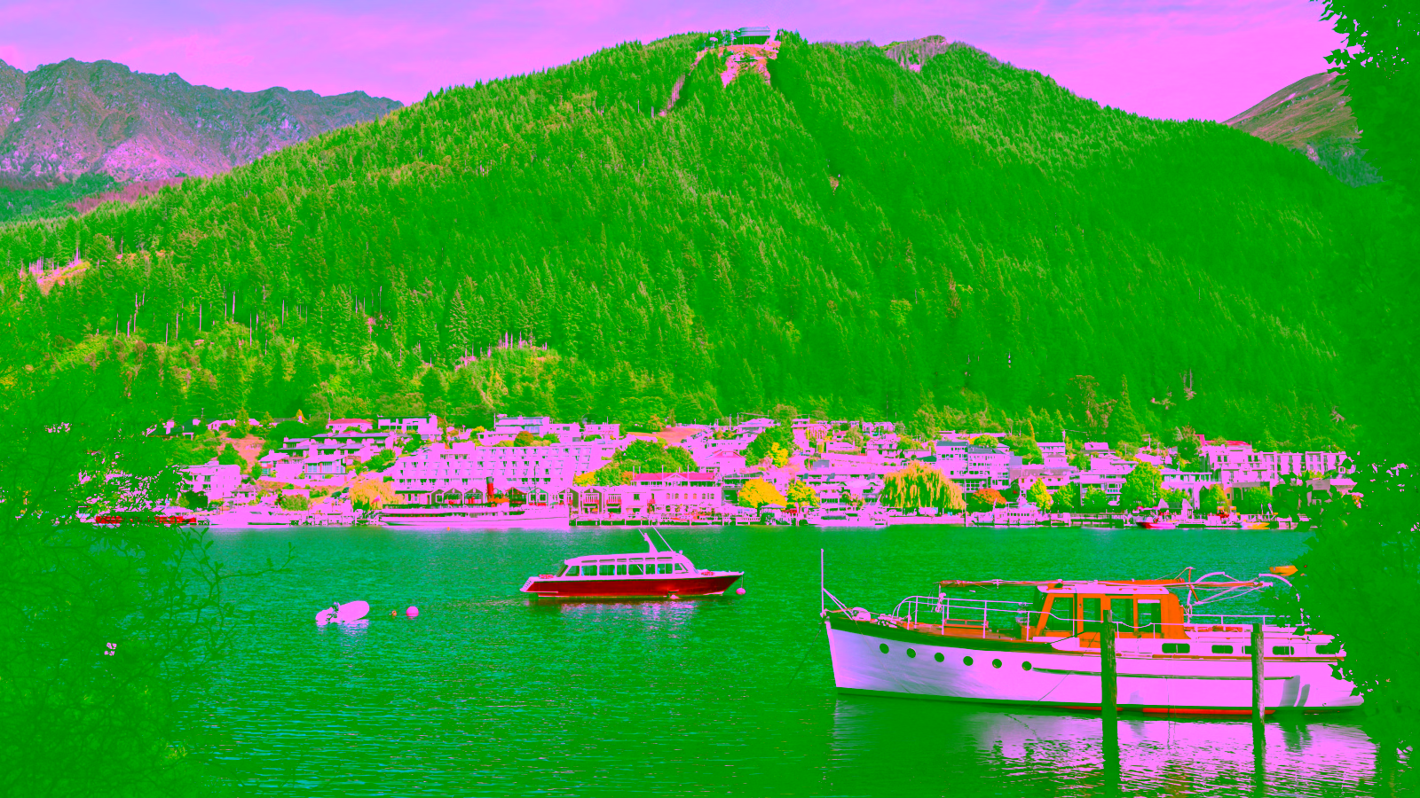 Lakeside town with mountain view