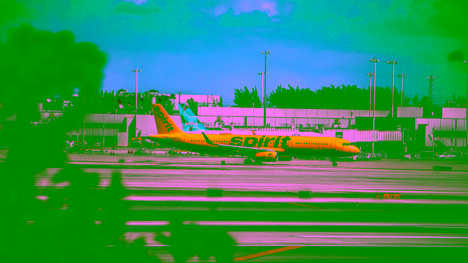Spirit Airlines airplane at airport terminal
