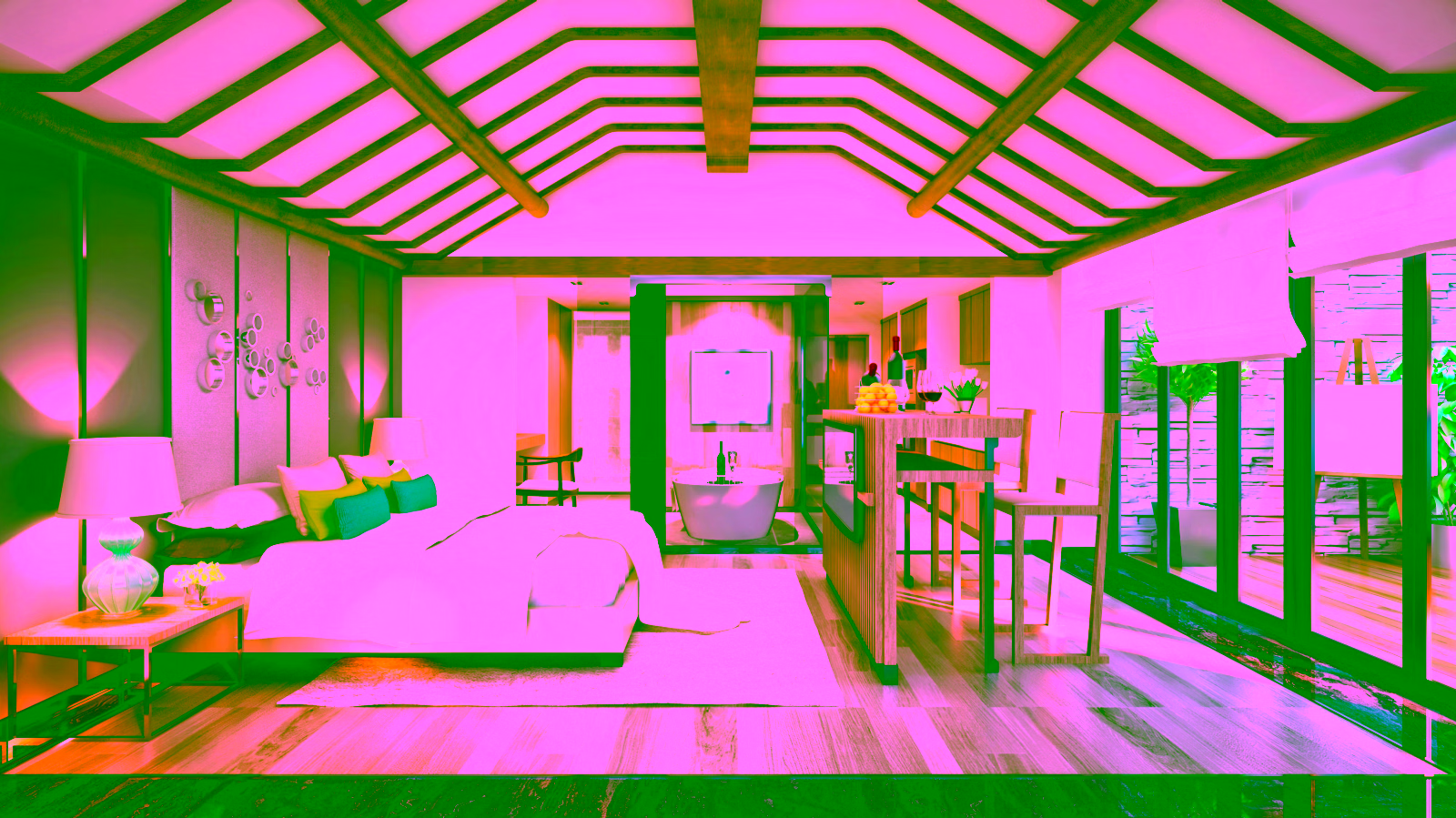 Luxury hotel room with open bathroom and outdoor balcony
