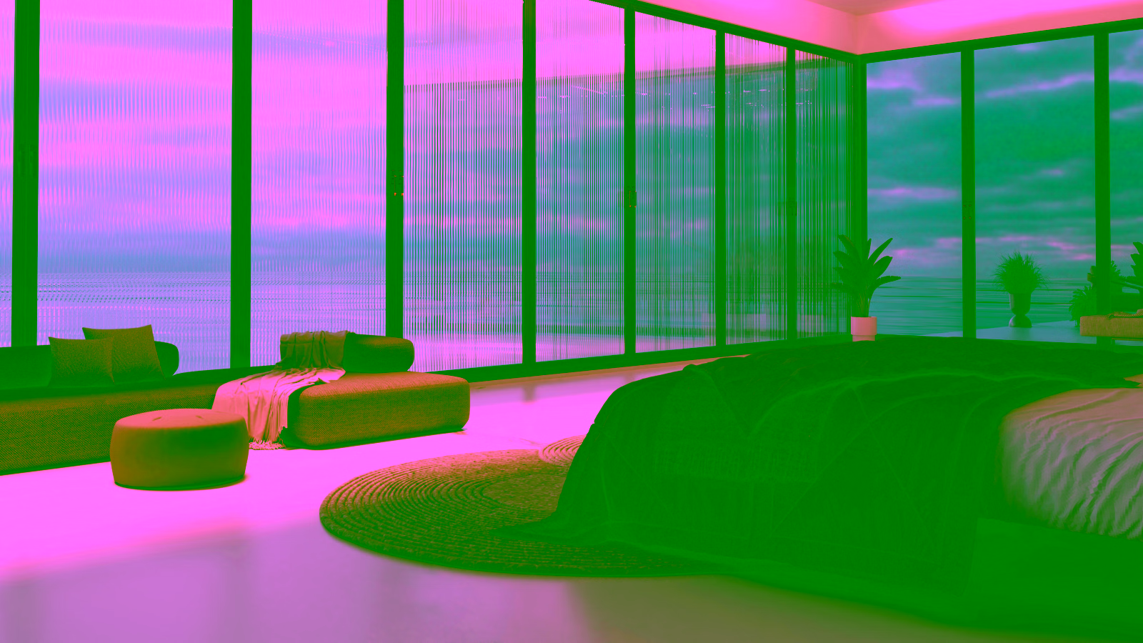 Modern bedroom with glass windows