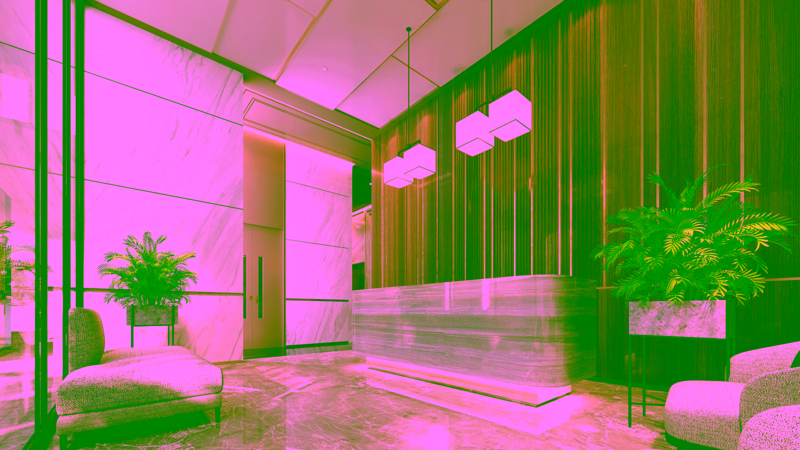 Modern hotel lobby with marble walls and wood accents