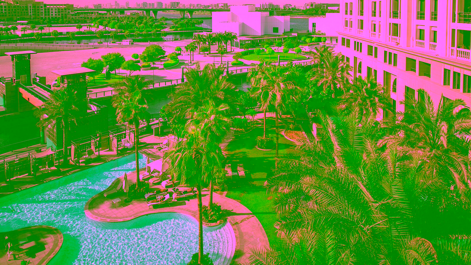 Luxury hotel pool surrounded by palm trees